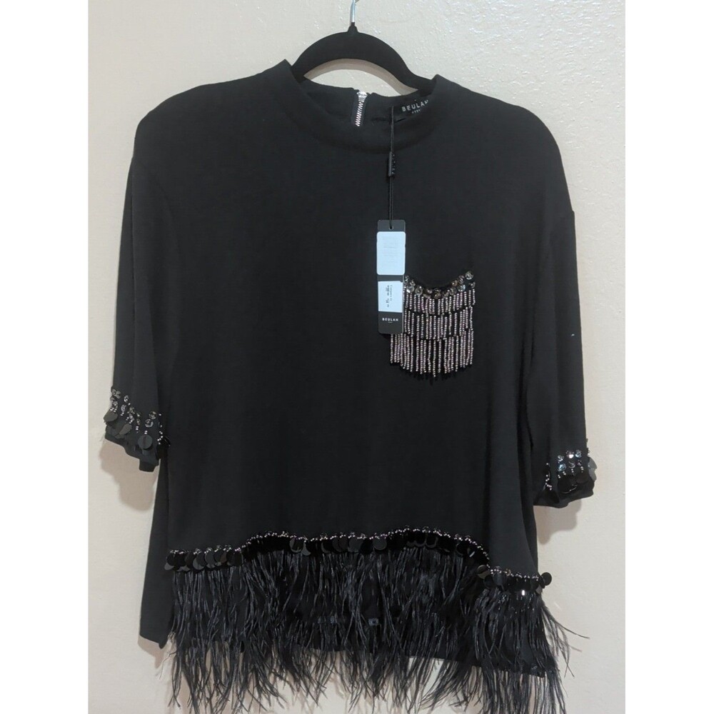 Beulah Black Short-Sleeve Top with Beaded Fringe Pocket & Feather Hem